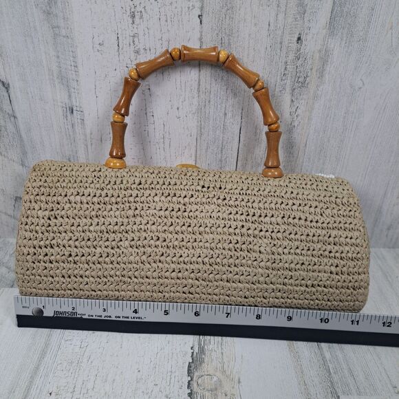 VTG Handbag Woven Raffia Straw Purse Wood Handle Sea Shells Boho Beach Cruise - Picture 7 of 14